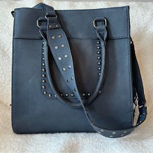 Wilson’s Leather Black Rivet Leather Tote Bag with Side Fringe in Navy